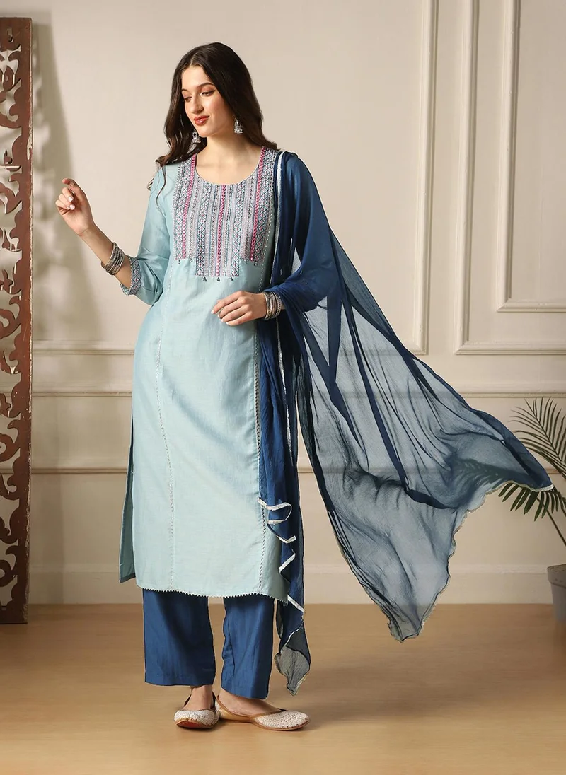 globus Globus Women Round Neck Embroidered Yoke Straight Kurta With Pant & Dupatta Festive Set